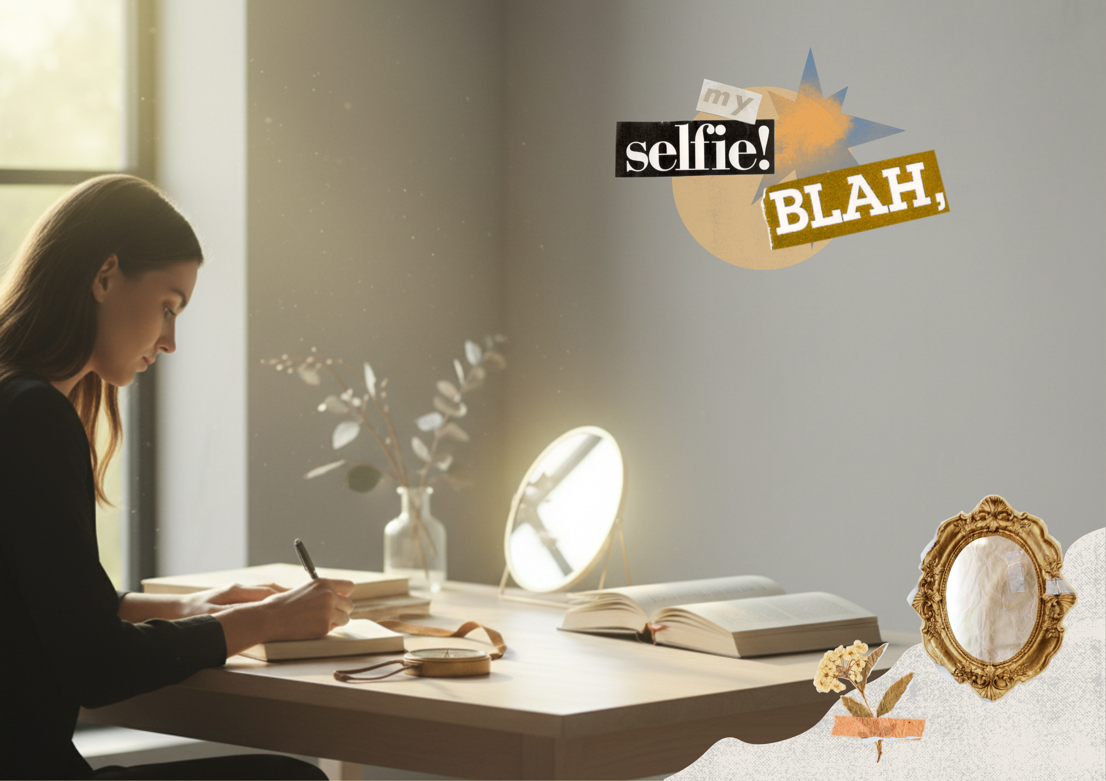 Mulher escrevendo em seu diário em uma mesinha que tem um espelho simbolizando o autoconhecimento ou autoreflexão.