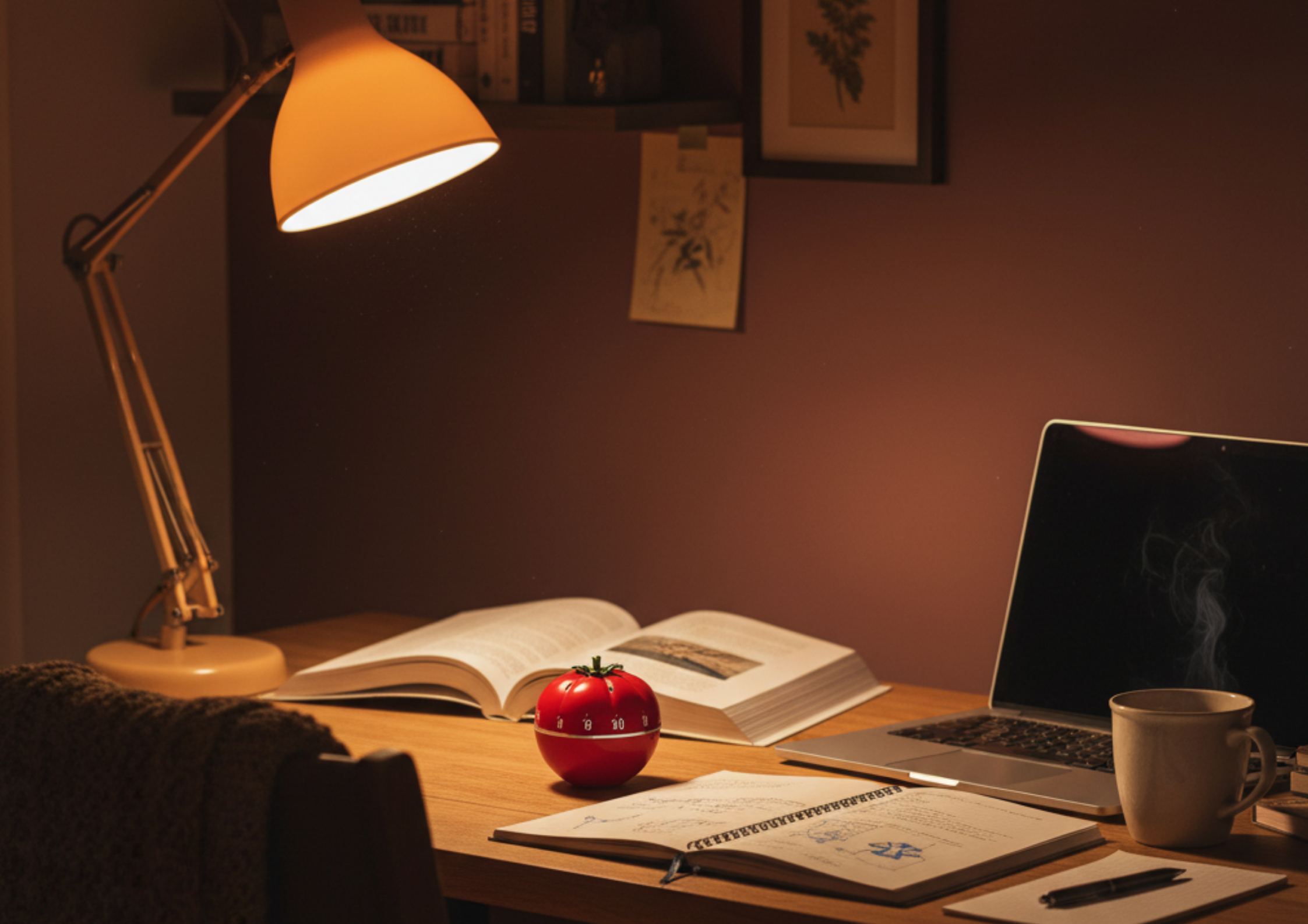 Um ambiente de trabalho noturno e aconchegante, iluminado por uma luz quente de abajur. Sobre a mesa de madeira, um timer Pomodoro em forma de tomate é o destaque, rodeado por livros aberto, anotações, um notebook e uma xícara de café.